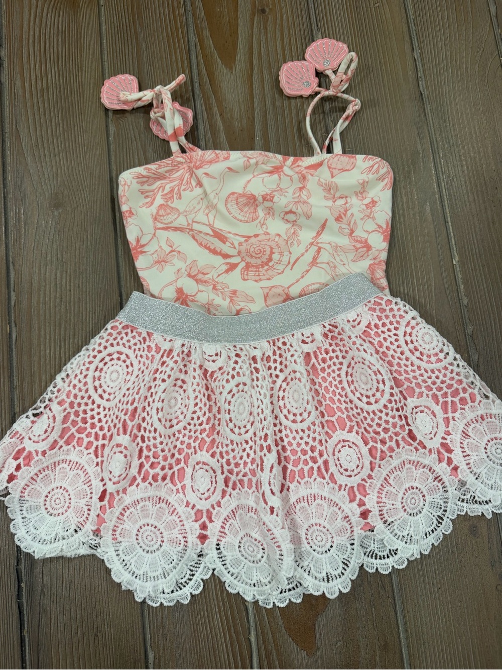 Pink & Cream Crochet Lace Swimsuit with Shell Straps